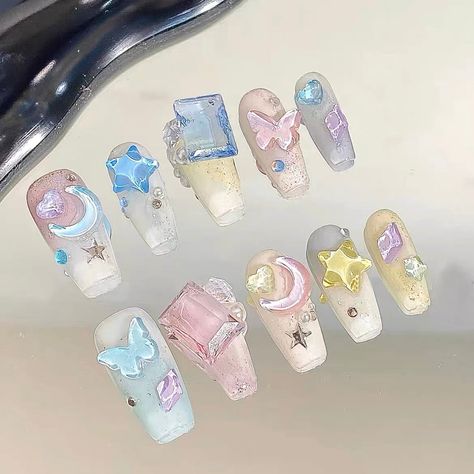 Get trendy with Reusable Fantasy Star Nail Art Products Wear Nail Tablets - Accessories available at Peiliee Shop. Grab yours for $18 today! Etsy Nails, Sailor Moon Nails, Nails Board, Fantasy Star, Star Nail Art, Girl Nails, Moon Nails, Yellow Ombre, Korean Nails