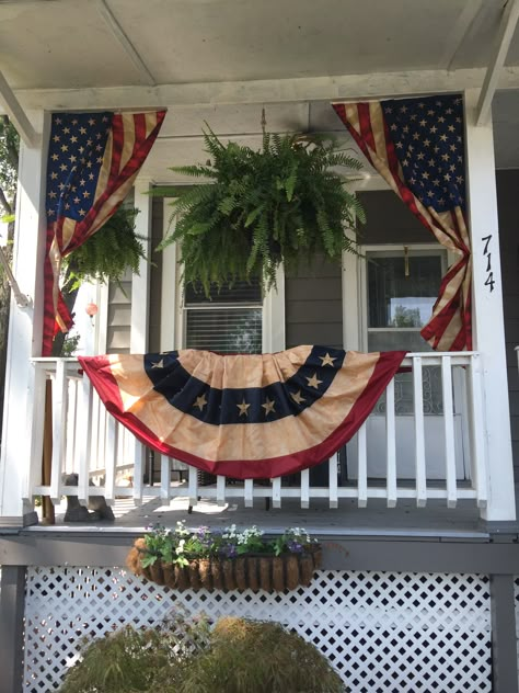 Patriotic Fence Decor, Patriotic Fall Decorations, Outdoor Americana Decor, Fourth Of July Porch Decor, Flag On Porch, Americana Porch Decor, July 4th Porch Decor, Fourth Of July Front Porch, Fourth Of July Porch