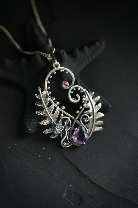 Ursula Jewelry, Fern Necklace, Forest Necklace, Fern Leaves, Metalsmithing Jewelry, Fern Leaf, Necklace Amethyst, Metal Clay Jewelry, Electroformed Jewelry