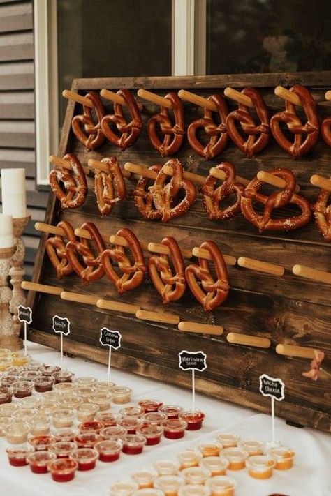 Soft Pretzel Station Wedding Reception, Food At Wedding Ideas, Soft Pretzel Wedding Bar, Soft Pretzel Station, Cocktail Hour Pretzel Bar, Finger Foods At Wedding, Pretzel Bar At Wedding, Bbq Wedding Food Ideas, Pretzel Station Wedding