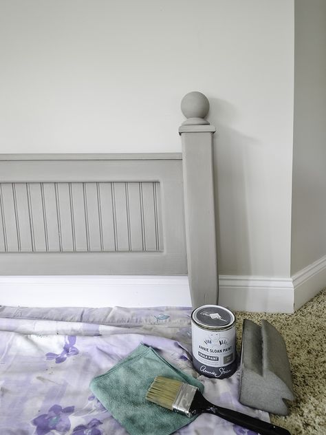 Chalk Painted Bed Frame, Paint Wood Bed Frame Diy, Painting Bed Frame White, Bed Frame Makeover Paint, How To Paint A Headboard, Repainted Bed Frame, Painting Bedframe, Painted Bedroom Sets, Painting Wood Headboard