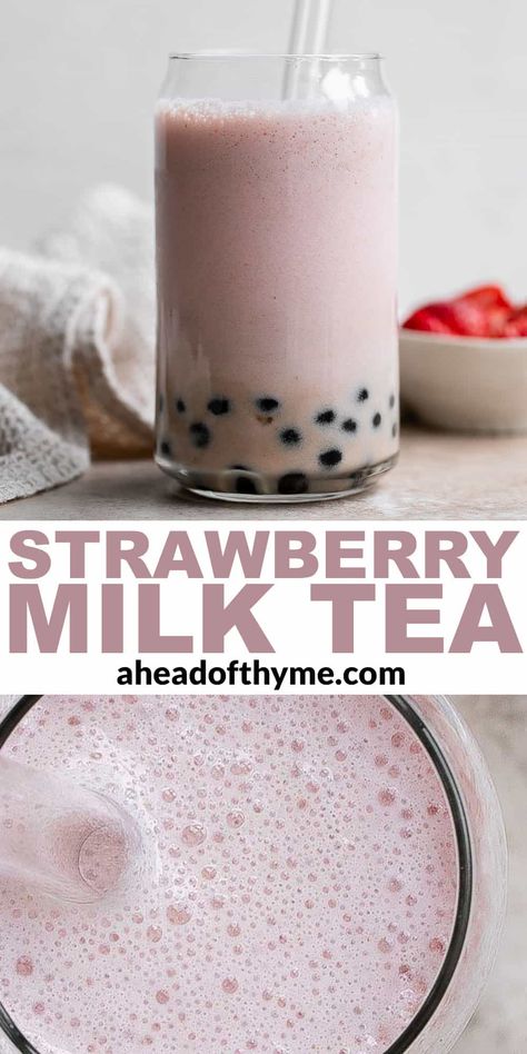 Fruit Bubble Tea Recipe, Strawberry Milk Tea Recipe, Fruit Boba Tea, Bubble Tea Strawberry, Strawberry Boba Tea, Homemade Bubble Tea, Strawberry Bubble Tea, Milk Tea With Boba, Strawberry Milk Tea