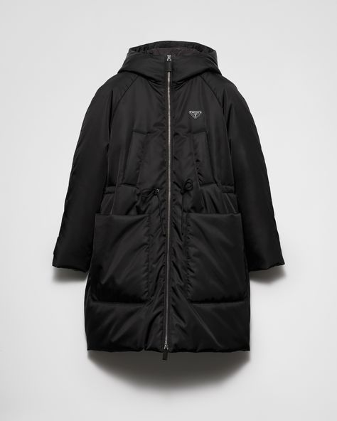 Black Re-nylon Down Coat | PRADA Re Edition Prada, Prada Re Edition, Light Down, Denim T Shirt, Logo Line, Jogging Suit, Padded Coat, Triangle Logo, Parka Coat