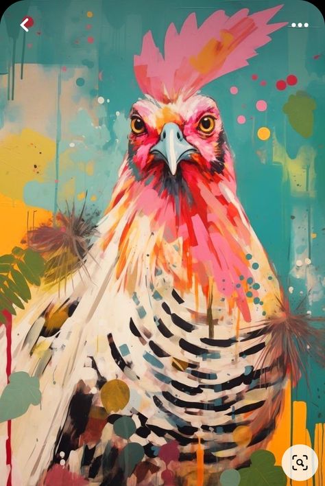 Abstract Rooster Painting, Abstract Chicken Paintings, Tropical Art Painting, Eclectic Sweater, Chicken Mural, Paintings Of Chickens, Jungle Kitchen, Animal Pop Art, Jungle Bathroom