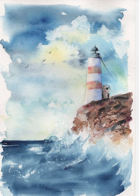 An original watercolour of a lighthouse and spicy waves. Painted on Arches paper, with Winsor and Newton Professional paints. Available as original or print, both in A4. Drawing Of A Lighthouse, Lighthouse Watercolor, To The Lighthouse, Winsor And Newton, Watercolor Art Landscape, Professional Watercolor, Lighthouse Painting, Lighthouse Art, Watercolor Architecture