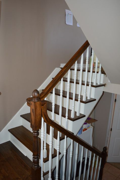 1990s oak stair makeover Oak Staircase Makeover, Modern Banisters And Railings, Banisters And Railings Makeover, L Stairs, Remodeling Stairs, Banisters And Railings, Railing Makeover, Modern Staircase Railing, Staircase Contemporary