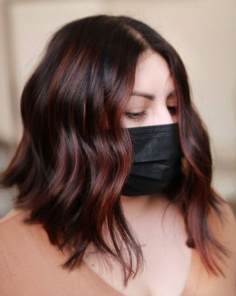 Dark Red Balayage for Brunettes Dark Auburn With Lowlights, Dark Multi Colored Hair, Cherry Red Highlights, Pinkish Brown Hair, Ruby Red Hair, Balage Hair, Red Brown Hair Color, Light Red Hair, Light Auburn Hair