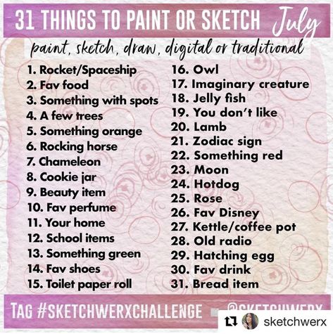 July Prompts, Painting Prompts, Drawing List, Hippie Drawing, Doodle Challenge, Abs Art, Drawing Memes, Sketchbook Doodles, Watercolour Challenge