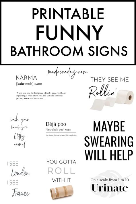 Trying to find the perfect sign to pull your bathroom decor together? Grab one from this collection of the most popular sayings. Just print and frame! hilarious bathroom signs, funny bathroom signs, Sayings For Bathroom Signs, Bathroom Quotes Printable Free, Bathroom Funny Quotes, Funny Bathroom Signs Printable Free, Funny Bathroom Signs Hilarious, Bathroom Funny Signs, Bathroom Signs Printable Free Prints, Funny Bathroom Pictures, Bathroom Humor Signs