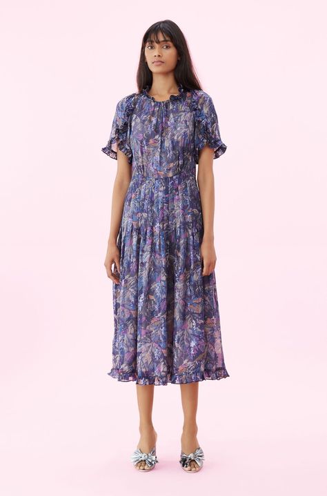 Rebecca Taylor | Giverney Fleur Dress in Amethyst Combo | Rebecca Taylor RNTD Beautiful Spring Dresses, Dress Watercolor, Feminine Wardrobe, Metallic Heels, Women Long Dresses, Rebecca Taylor, Spring Dress, Dress Details, Off Shoulder Dress