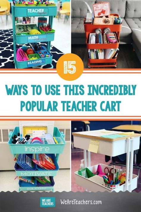 A teacher cart has become the must-have educator's accessory, and it's easy to see why! Get creative ideas to personalize and use one this year. #classroom #classroomideas #classroomsetup #teachercart #creative #teaching #teacher Teacher Rolling Cart, Teacher Cart, Portable Classroom, Teacher Storage, Teacher Desk Organization, Classroom Desk, Craft Cart, Teacher Must Haves, Teacher Craft