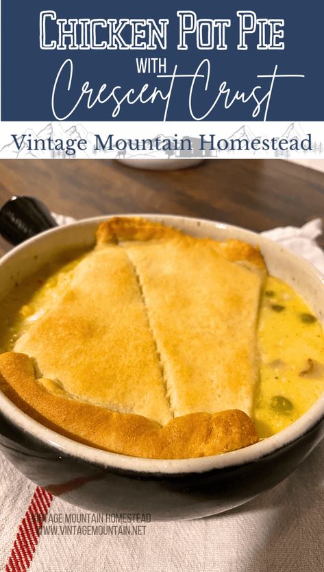 Chicken Pot Pie with Crescent Crust ⋆ Vintage Mountain Homestead Chicken Pot Pie With Crescent Roll Crust, Crescent Bread, Mountain Homestead, Individual Chicken Pot Pies, Crescent Roll Crust, Chicken Pot Pie Filling, Pot Pie Filling, Crescent Dough, Pot Pies Recipes