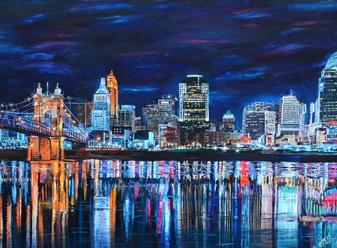 Here’s final capture of our latest painting of the Cincinnati Skyline inspired by the view from across the Ohio River in Covington Kentucky. To just stand there and soak in all the colors in the buildings reflecting and dancing into the water is a treat to the eyes. This is seriously one of my favorite portraits of the city so far.  Looking forward to rocking the next one.  This is now the fifth painting from this vantage point. You can check out these earlier paintings that lead up to this piec City Reflection In Water Painting, City View Painting, City Skyline Painting, City Paintings, Covington Kentucky, City Of Ember, Cincinnati Skyline, Greece Painting, Canada City