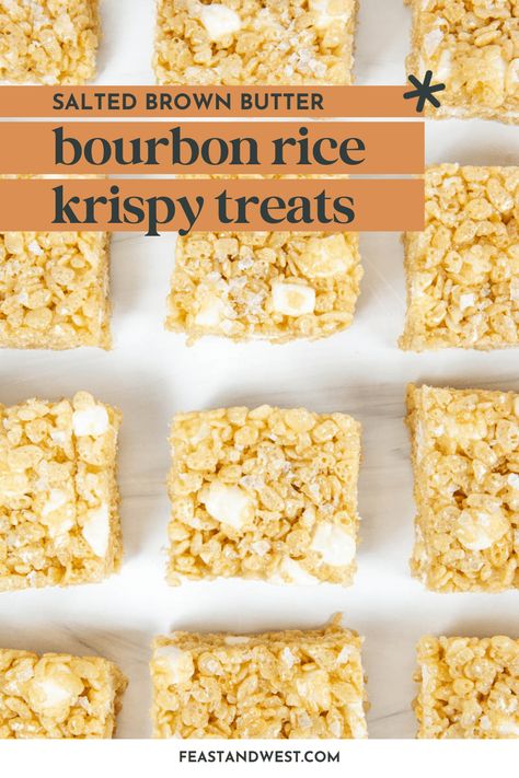 Salted Brown Butter Bourbon Rice Krispie Treats are packed with flavor, from nutty brown butter to real bourbon to flecks of sea salt. Boozy Rice Krispie Treats, Browned Butter Rice Krispie Treats, Bourbon Treats, Moonshine Cake, Brown Butter Rice Krispie Treats, Bourbon Dessert, Brown Butter Bourbon, Favorite Deserts, Butter Bourbon