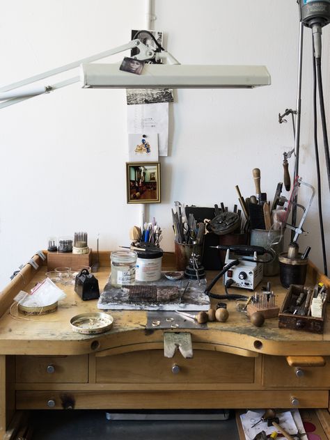 lingered upon: N + A New York Jewelry Studio Space, Jewelry Studio Organization, Jewelry Desk, Jewelers Bench, Jewellery Workshop, Design Studio Workspace, Jewellers Bench, Studio Organization, Metalsmithing Jewelry