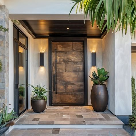 Decor Entrance Home, Front Door Flooring Ideas, Large Doors Entrance, Doorway Plants Entrance, Home Outdoor Entrance Ideas, Organic Modern Porch, Front Entrance Ideas Exterior Entryway, House Front Door Design Entrance, Foyer With Plants