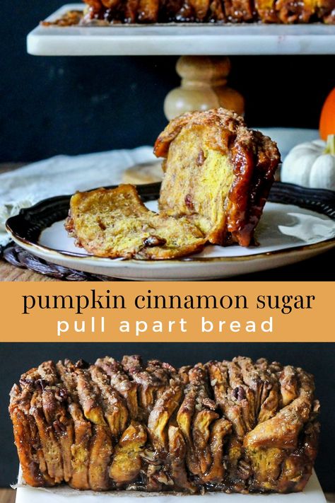 This Pumpkin Pecan Cinnamon Sugar Pull Apart Bread makes baking with yeast a breeze, and will satisfy all of your sticky, sweet cravings! Sweet Pull Apart Bread, Pumpkin Bread Cinnamon Sugar, Easy Pumpkin Pull Apart Bread, Cinnamon Pumpkin Pull Apart Bread, Pull Apart Sweet Bread, Sticky Pumpkin Pecan Pull Apart Bread, Pumpkin Spice Pull Apart Bread Pillsbury, Pumpkin Cinnamon Bread, Pumpkin Yeast Bread