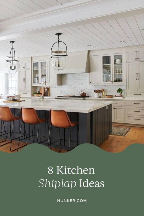 There are a ton of different ways to bring shiplap wall paneling into your kitchen design, whether you want a neutral paneled look or one with heaps of trendy color. #hunkerhome #shiplap #shiplapideas #kitchenshiplap Verticle Shiplap Backsplash Kitchen, Shiplap Kitchen Ideas, Kitchen Paneling Ideas, Shiplap In Kitchen, Kitchen Shiplap, Shiplap Wall Paneling, Shiplap Ideas, Stained Shiplap, Green Countertops