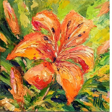 4 Section Painting, Orange Lily Painting, Oil Flowers Painting, Art Inspo Flowers, Fall Flowers Painting, Tiger Lily Painting, Dry Pastel Art, Orange Flowers Painting, Small Flower Painting