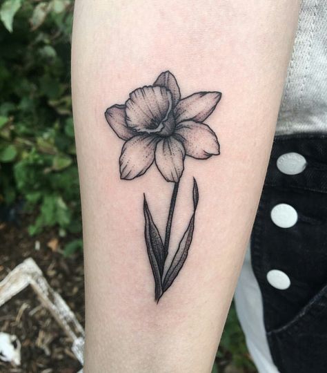 Narsicuss Tattoo, Daffodil Tattoo Leg, Birth Flower Tattoos Narcissus, February Birth Flower Tattoo On Ankle, Narciccus Flowers Tattoo, Narcissus Flower Tattoo With Butterfly, Narcissus Flower Tattoo Black And White, Narcissus Flower Tattoo, Daffodil Flower Tattoos