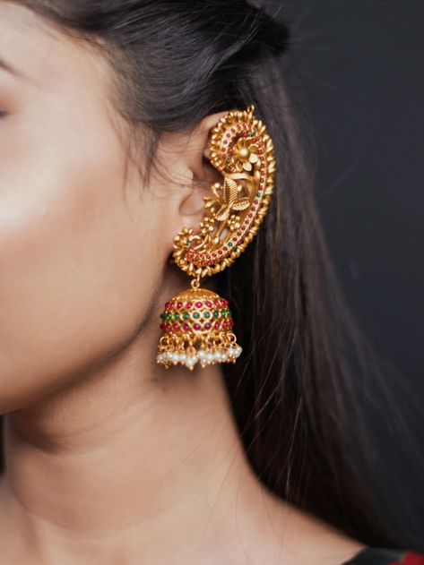 Earcuff enhance the beauty of face covering the full eair.🥰 #golden #earcuff #earrings #beauty Earrings Covering Full Ear, Golden Ear Cuff, Full Ear Earrings, Vintage Indian Jewelry, Bridal Jewels, New Gold Jewellery Designs, Nose Pin, Traditional Earrings, Indian Wedding Jewelry