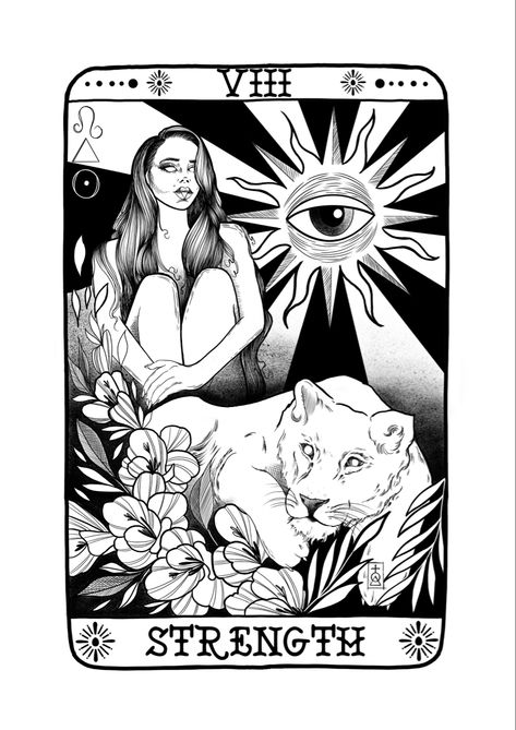 Tarot card style.Black and white line work.Woman sat behind a lioness. In the background is a bold sun with an eye in the middle. There are black and white rays coming from the sun. In front of the lioness is flowers. In the top left corner are three alchemy symbols, from top to bottom: The symbol for Leo, the symbol for fire and the symbol for the sun or gold. Strength Tarot, The Sun Tarot Card, Tarot Card Tattoo, The Sun Tarot, The Major Arcana, Major Arcana Cards, Astrological Signs, Card Tattoo, Rider Waite