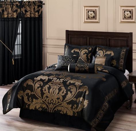 Chezmoi Collection Royale 7-Piece Jacquard Floral Comforter Set - Walmart.com - Walmart.com Gold Comforter Set, Black Comforter Sets, Gold Comforter, Bedroom Comforter Sets, Bedding Queen, Black Comforter, Floral Comforter Sets, Gold Bed, Floral Comforter