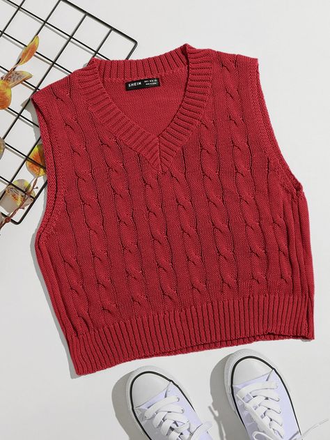 Cable Knit Sweater Vest, Red Sweater Vest, Red Sweater Vest Outfit, Red Vest Outfit, Vest Outfits Aesthetic, Sweater Vest Outfit, Diy Summer Clothes, Sleeveless Sweater Vest, Red Vest