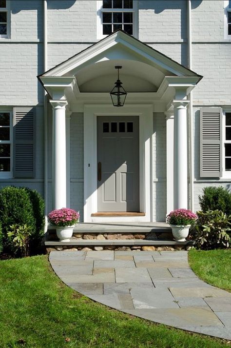 Lovely Door Overhang Designs (9) Front Door Overhang, Sas Entree, Door Overhang, Portico Design, Front Stoop, Building A Porch, Front Porch Design, Traditional Colonial, Porch Steps