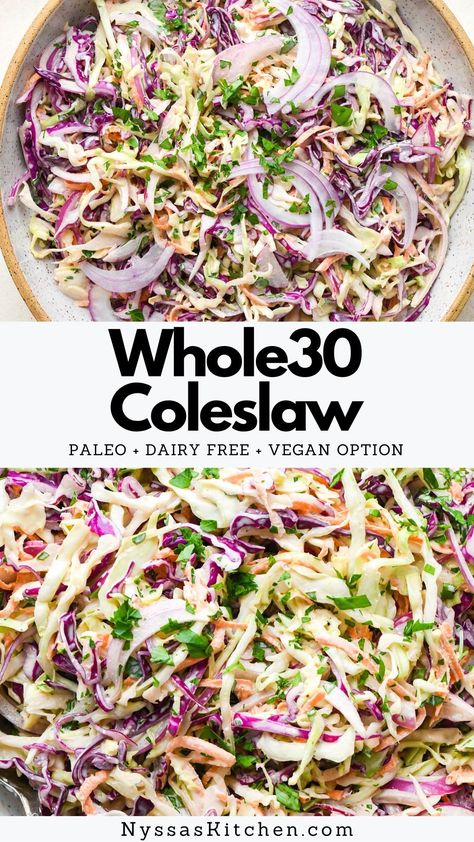 This Whole30 coleslaw is made with fresh and crunchy cabbage, carrots, herbs, and a creamy, tangy dressing. All the flavors you love in a traditional coleslaw recipe without any of the sugar! The perfect side dish for your next BBQ, potluck, or family dinner. Whole30, paleo, gluten free, dairy free, vegan option. Dairy Free Coleslaw, Whole30 Coleslaw, Paleo Coleslaw, Traditional Coleslaw Recipe, Healthy Coleslaw Recipes, Bbq Potluck, Healthy Coleslaw, Slaw Dressing, Cole Slaw