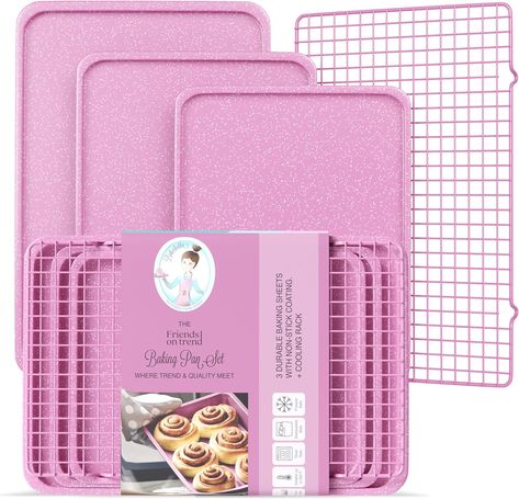 3 Pink Baking Sheet with Cooling Rack Pink Pans Set - Pink Cookie Sheet for Baking Nonstick with Wire Rack - Set of 3 Pink Baking Sheets for oven  #ad Pink Baking, Pink Cookies, Cookie Sheets, Pink Sheets, Cooling Rack, Wire Racks, Baking Set, Pan Set, Baking Sheets