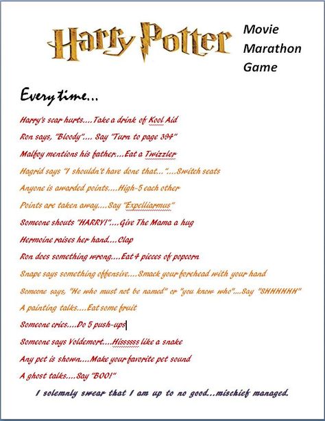 Harry Potter Movie Marathon Game for Kids / Families Harry Potter Party Ideas Games, Movie Marathon Snacks, Harry Potter Marathon Food, Harry Potter Family Movie Night, Harry Potter Themed Movie Night, Harry Potter Movie Marathon Snacks, Harry Potter Movie Marathon Ideas, Harry Potter Marathon Ideas, Harry Potter Movie Marathon