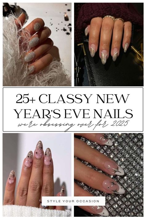 Looking for the perfect classy New Year’s Eve nail ideas for 2025? I’m sharing 25 stunning NYE nail designs and ideas to ring in the new year. Whether you’re looking for New Year’s Eve nail inspiration with sparkle, glitter, black, gold, or silver, I’ve got the perfect classy and simple NYE nails in almond, coffin, short, and square nail shapes. Sparkly nails, holiday nails, party nails Simple Nye Nails, Party Nails New Years Eve Sparkle, 1920s Nails, Silver Sparkly Nails, Gold Holiday Nails, Almond Shaped Nails Designs, Nye Nails, Nails Holiday, New Years Nail Designs