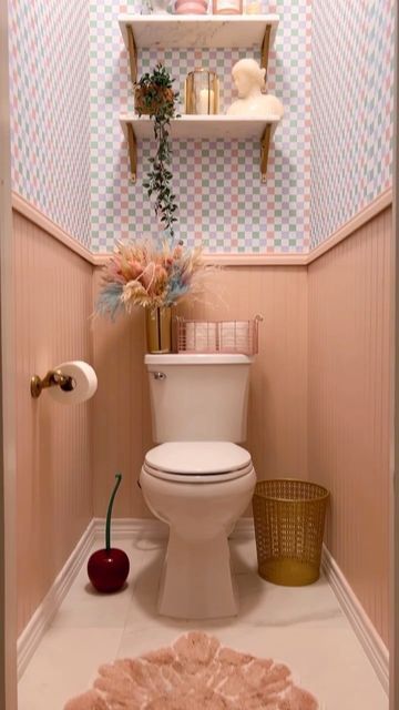 Soft Pink Paint, Green Small Bathrooms, Wallpaper Toilet, Wallpaper And Paint, Checkered Wallpaper, Small Downstairs Toilet, Peach Bathroom, Pink Toilet, Beadboard Bathroom