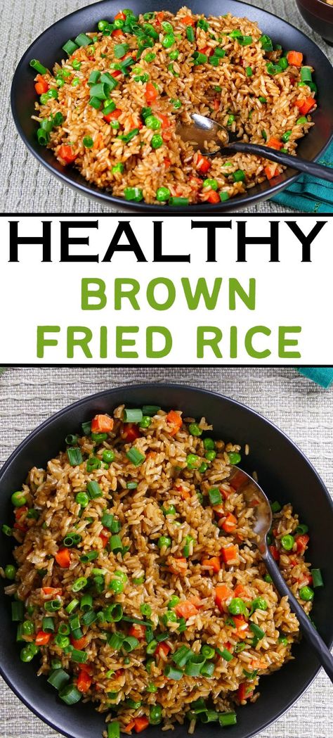 Brown bowl with fried rice and carrots, peas and green onions with text "healthy brown fried rice". Vegan Brown Rice Recipes, Asian Brown Rice, Brown Rice Side Dish Recipes, Brown Rice Instant Pot, Rice Recipes Healthy, Brown Rice Side Dish, Brown Rice Dishes, Brown Rice Recipes Healthy, Instant Pot Brown Rice