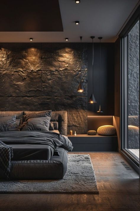 Dark Zen Bedroom, Modern Cosy Bedroom, Moody Modern Bedroom, Modern Moody Bedroom, Modern Dark Bedroom, Dark Modern Bedroom, Dark Bedroom Aesthetic, Minimalist Bedroom Decor, Luxury Bedroom Furniture