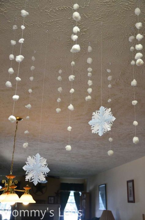 Hanging Snow Flakes From Ceiling, Winter Ceiling Decorations Classroom, Classroom Christmas Decorations Ceiling, Christmas Themes Decorations Decor Ideas, How To Hang Snowflakes From Ceiling, Diy Frozen Decorations, Hanging Snowflakes From Ceiling, Snowflakes From Ceiling, Themed Christmas Party Ideas