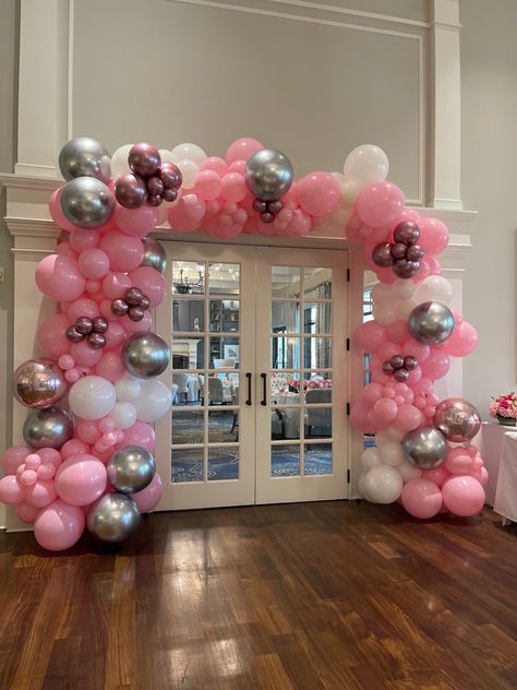 Pink White Silver Sweet 16, 21st Pink Dress, Silver And Pink Centerpieces, Sweet 16 Decorations Pink And Silver, Sweet 16 Pink White Gold, Pink Silver Party Decorations, Pink And Silver Theme Party, Pink Sweet 16 Balloon Arch, Silver Pink And White Birthday Party