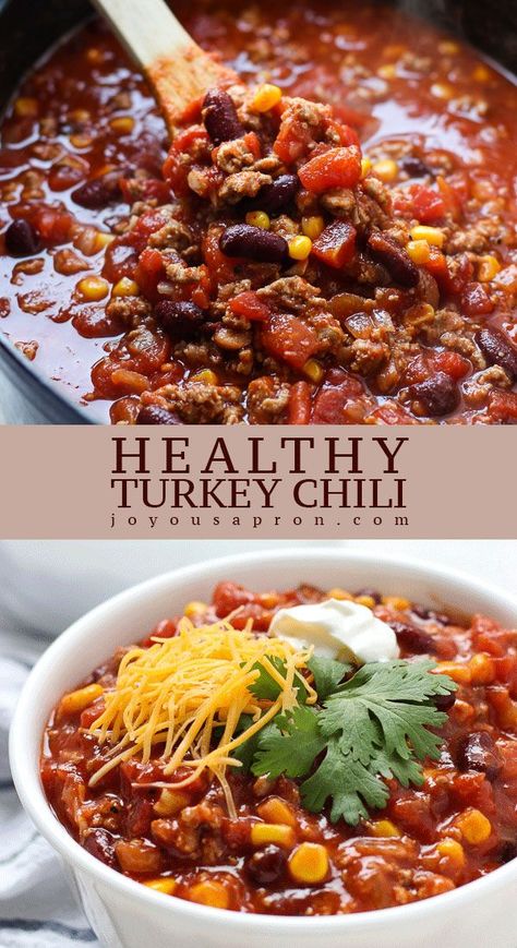 Healthy Turkey Chili - a lighter and healthy spin to the traditional chili soup recipe! The perfect one pot dinner and comfort food for busy weeknights, this soup takes 30 minutes, is full of flavor and so delicious! #turkey #chili #soup #stew #dinner #easy #healthy #glutenfree #30minutes #comfortfood #onepot #light #recipe #joyousapron Turkey Chili Soup, Healthy Turkey Chili Recipe, Chili Soup Recipe, Healthy Turkey Chili, Healthy Chili Recipe Turkey, Fall Crockpot, Ground Turkey Chili, Turkey Chili Crockpot, Ground Turkey Soup