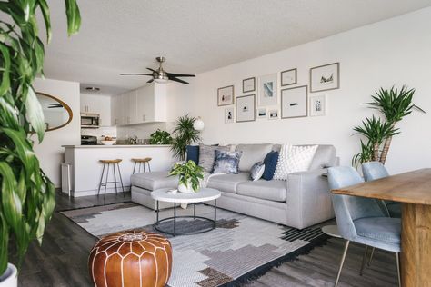 Design Crew: Bright & Airy Coastal Vibes in Marina del Rey, California - Front + Main Colca Wool Rug, Costal Vibe, Blue And White Pillows, Stripe Rug, Moroccan Leather Pouf, Brooklyn Apartment, Living Room Floor, All Modern Rugs, Soft Modern