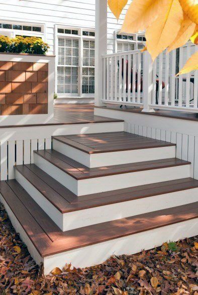 Top 50 Best Deck Steps Ideas - Backyard Design Inspiration Front Decks, Wood Deck Designs, Deck Building Plans, Patio Stairs, Stairs Stringer, Terrasse Design, Low Deck, Deck Pictures, Patio Steps