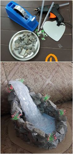 DIY Hot Glue Waterfall Diy Fairy Door, Fairy Garden Furniture, Fairy House Diy, Fairy Garden Crafts, Fairy Garden Designs, Fairy Furniture, Fairy Crafts, Garden Crafts Diy, Fairy Garden Houses