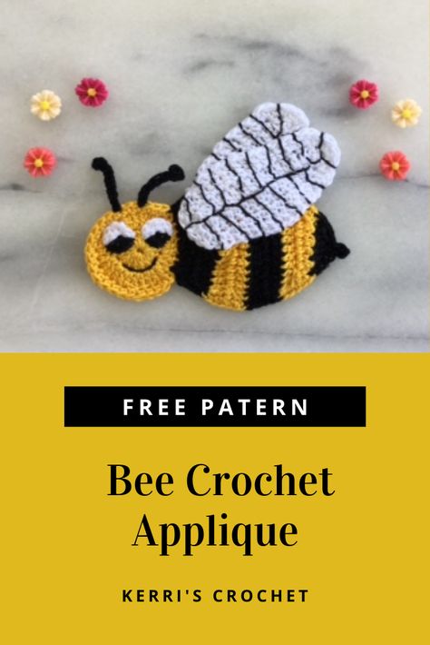 Learn how to crochet this bee applique by following the free pattern or video tutorial at Kerri's Crochet. Crochet Bee Applique Free Pattern, Crochet Bumble Bee Applique Pattern Free, Crochet Honey Bee Applique, Crochet Applique Patterns Free Crochet Applique Patterns Free Animal, Crochet Bumblebee Applique Pattern Free, Bee Applique Pattern, Applique Bee Patterns, Crochet Insect Applique, Crochet Bee Applique