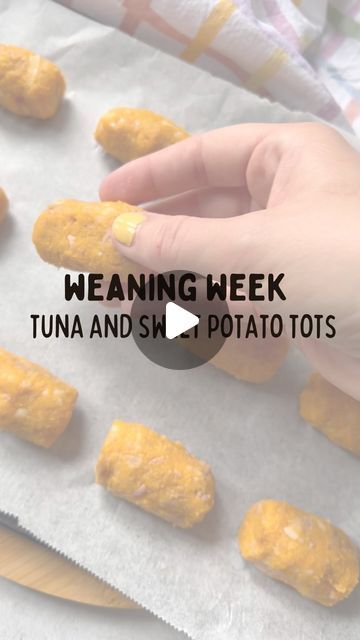 Chelsey Watkins on Instagram: "Sweet Potato & Tuna Tots | Weaning Week 🍠 

Not only great for Baby Led Weaning but for toddlers too! These sweet potato and tuna tots contain only 3 ingredients and are egg free unlike many other tot recipes. 

🐟 Tuna is rich in protein and omega-3 fatty acids making it a great food for little ones. Tuna is safe for babies 6 months+. Tuna does contain mercury, but small amounts of mercury are safe for your little one. 

👶🏼 suitable from 6 months +

❄️ suitable for freezing up to 3 months

1 large sweet potato, cooked
1/2 tin of tuna
20g cheese, grated

1.Preheat oven to 180c and line a baking tray with baking paper 
2.Add your cooked sweet potato, tuna and cheese into a bowl and mash with a fork until well combined
3.Roll a small amount of mixture in you Tot Recipes, Recipes Tuna, Sweet Potato Tots, Canned Tuna Recipes, Toddler Lunches, Tuna Recipes, Baking Tray, Rich In Protein, Led Weaning