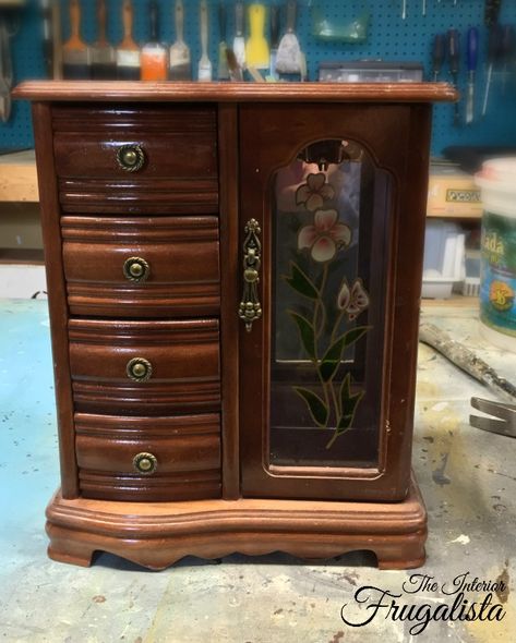 Thrift Store Wood Jewelry Box Upcycle Upcycled Jewelry Box Diy, Vintage Jewelry Box Makeover, Ghibli House, Decorative Metal Sheets, Box Upcycle, Updating Furniture, Wood Jewelry Diy, Altered Box, Armoire Makeover