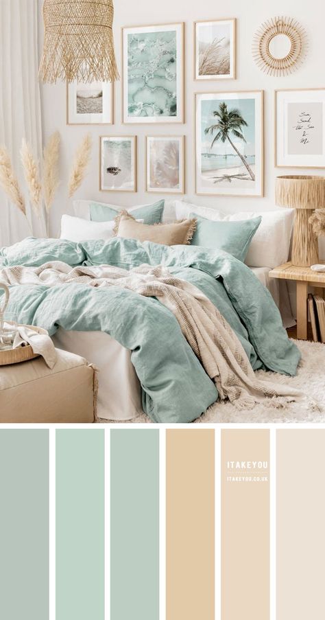 netural bedroom, neutral bedroom color ideas, green mint and light beige bedroom, light green and beige bedroom color ideas, light green and beige bedroom color scheme, light green and beige color scheme Olive And Pink Living Room, Pink And Green Coastal Bedroom, La Bedroom, Cream Bedroom, Beach Room Decor, Bedroom Dark, Cottage Coastal, Bedroom Pink, Beachy Room