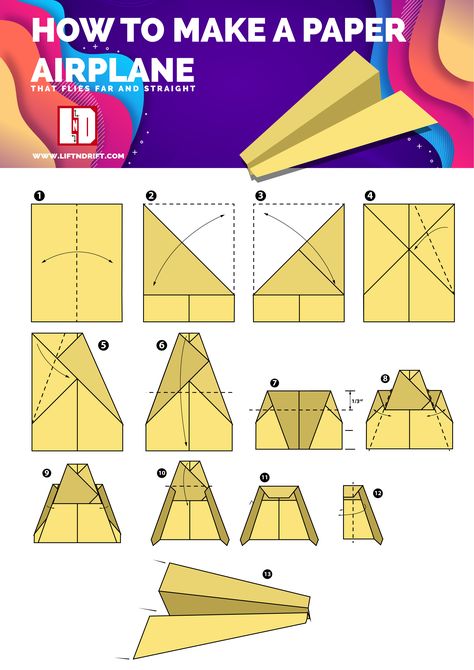 Long Distance Paper Airplane, Best Paper Airplane For Distance, Paper Airplane Folding, Airplane Template, Paper Airplane Template, Origami Plane, Paper Aeroplane, Make A Paper Airplane, Illustrated Instructions