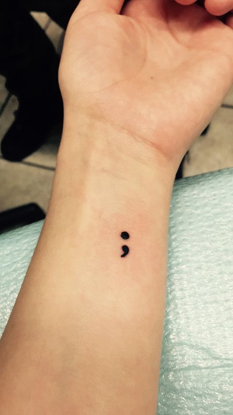 A semi-colon is a place in a sentence where the author has the decision to stop with a period, but chooses not to. A semi-colon is a reminder to pause and then keep going. Semicolon Tattoo Meaning, Tattoo Calf, Tattoo Cherry, Colon Tattoo, Semicolon Project, Semi Colon, Semicolon Tattoo, Jesus Tattoo, Ink Paintings