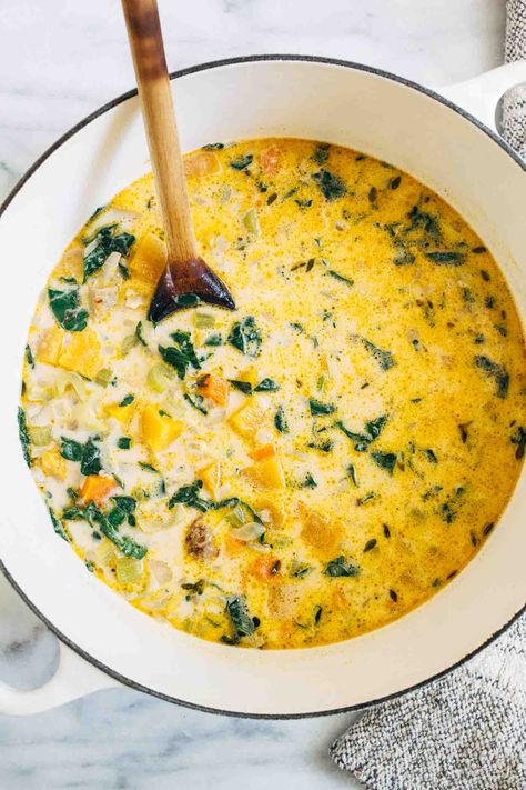 Creamy Butternut Squash and Sausage Soup - Making Thyme for Health Squash And Sausage Soup, Butternut Squash And Wild Rice, Butternut Squash And Sausage, Butternut Squash Sausage, Rice Stew, Butternut Squash Kale, Soup Making, Sausage And Kale Soup, Creamy Butternut Squash