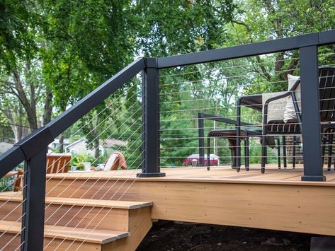 RDI® Elevation™ Cable Deck Railing | RDI Railing Deck Railing With Cable, Lakefront Deck Ideas, Modern Farmhouse Porch Railing, Cable Deck Railing Ideas, Modern Deck Railing Ideas, Back Deck With Cable Railing, Farmhouse Cable Railing Porch, Wood And Cable Deck Railing, Lakehouse Deck